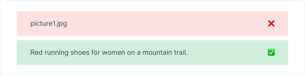 Instead of "picture1.jpg," use "Red running shoes for women on a mountain trail."