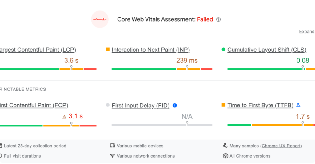 PageSpeed Insights showing a failed assessment.