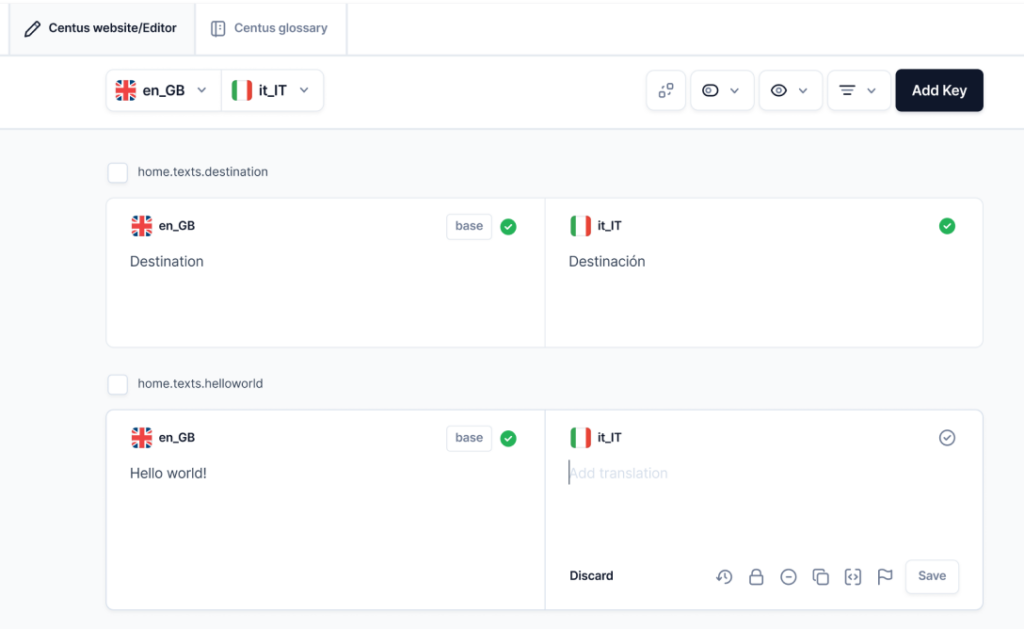 A screenshot of a translation management tool/project manager (Centus)