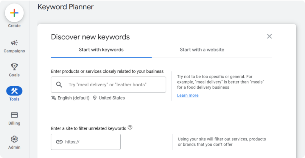 Google Keyword Planner page