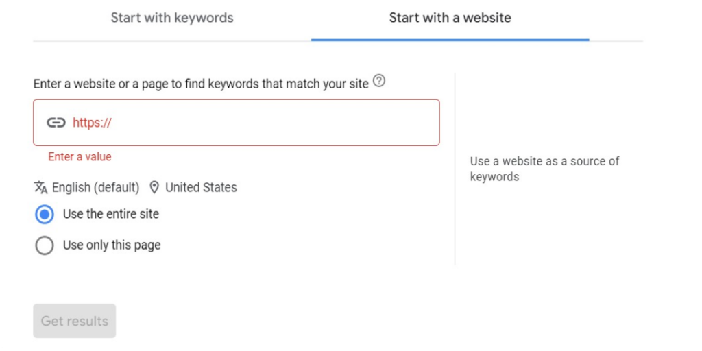 Google Keyword Planner page showing ‘Start with a website” feature.