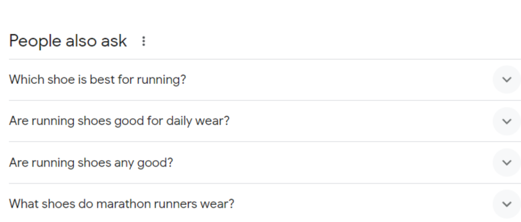 Screenshot of People also ask section for the “running shoes” search term